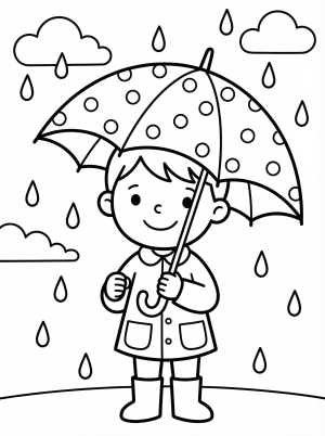 Free printable coloring page showing a child with an umbrella in spring rain, perfect for kids to practice coloring and fine motor skills