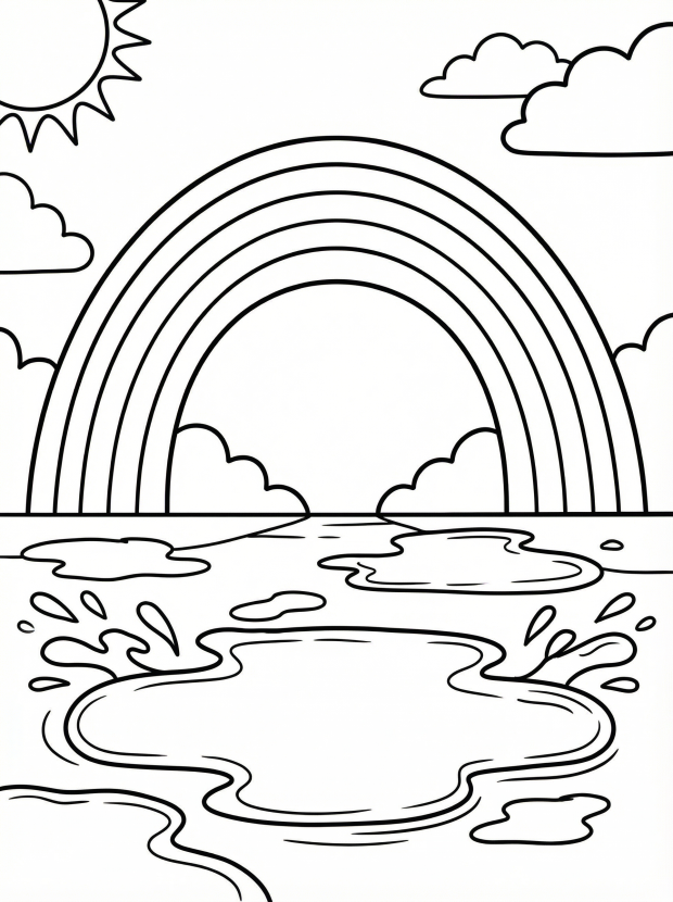 Free printable coloring page showing a rainbow over puddles and clouds, perfect for kids to practice color choices and creativity