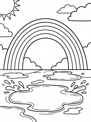 Free printable coloring page showing a rainbow over puddles and clouds, perfect for kids to practice color choices and creativity