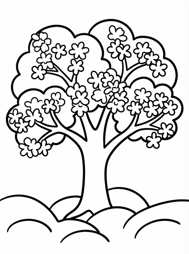 Free printable coloring page showing a blossoming spring tree with flowers and rolling hills, perfect for kids to practice coloring and fine motor skills