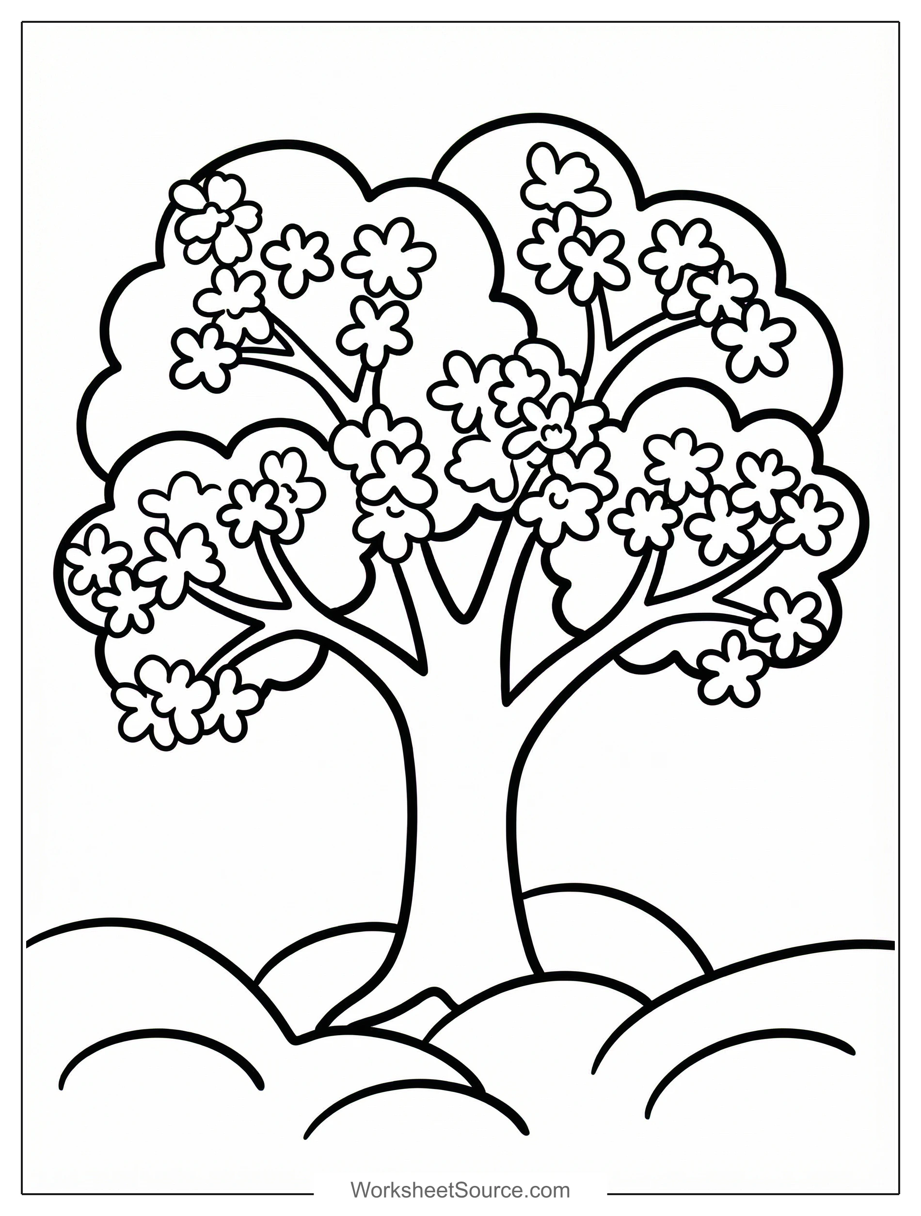 Free printable coloring page showing a blossoming spring tree with flowers and rolling hills, perfect for kids to practice coloring and fine motor skills