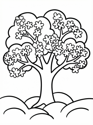Free printable coloring page showing a blossoming spring tree with flowers and rolling hills, perfect for kids to practice coloring and fine motor skills