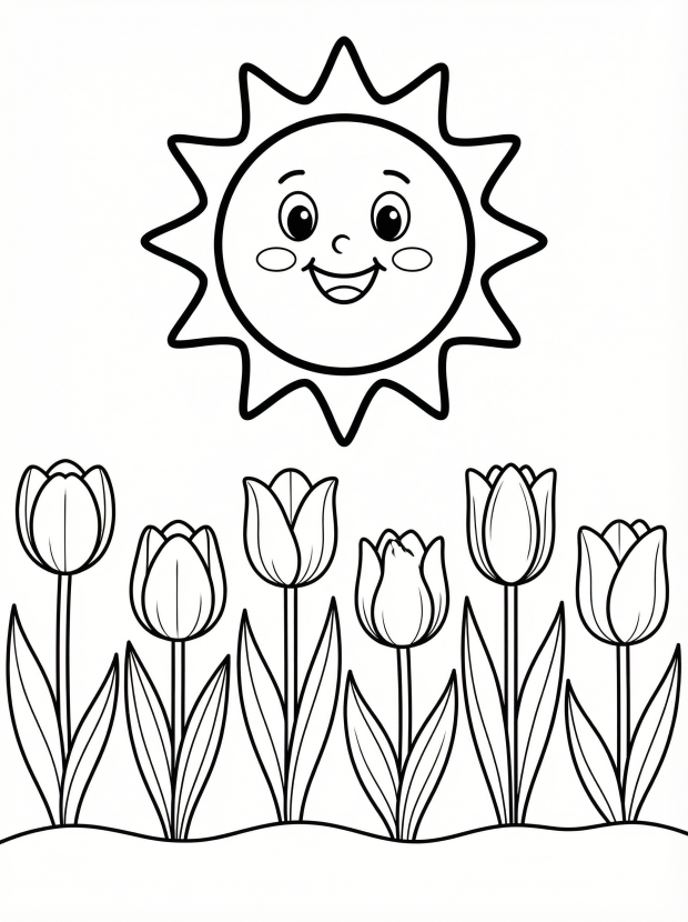 Free printable coloring page showing smiling sun above tulip row, perfect for kids to practice coloring and learn about spring