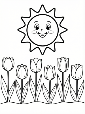 Free printable coloring page showing smiling sun above tulip row, perfect for kids to practice coloring and learn about spring