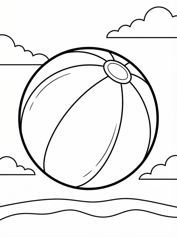Free printable coloring page showing a large beach ball over waves and clouds, perfect for kids to practice color choice and fine motor skills