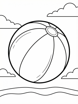 Free printable coloring page showing a large beach ball over waves and clouds, perfect for kids to practice color choice and fine motor skills