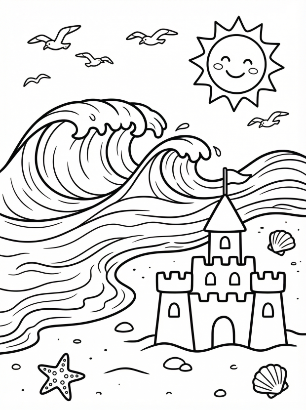 Free printable coloring page showing a beach scene with sandcastle waves sun and shells, perfect for kids to practice coloring and creativity