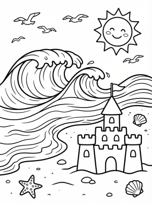 Free printable coloring page showing a beach scene with sandcastle waves sun and shells, perfect for kids to practice coloring and creativity