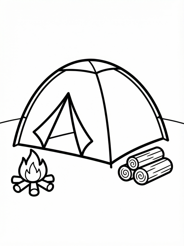 Free printable coloring page showing a tent with campfire and logs, perfect for kids to practice focus and explore color choices