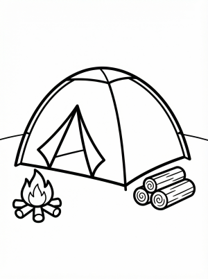 Free printable coloring page showing a tent with campfire and logs, perfect for kids to practice focus and explore color choices