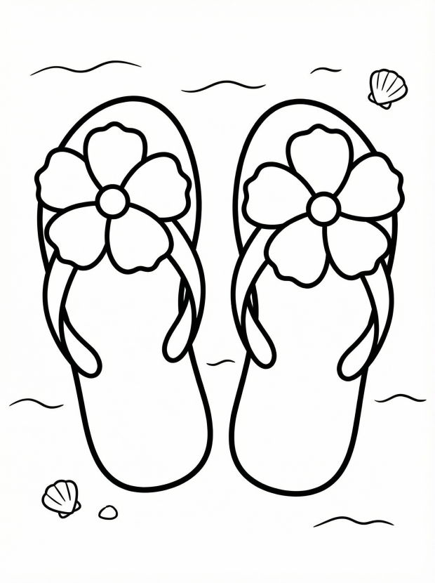 Free printable coloring page showing a pair of flip flops with flowers, perfect for kids to practice coloring and creativity