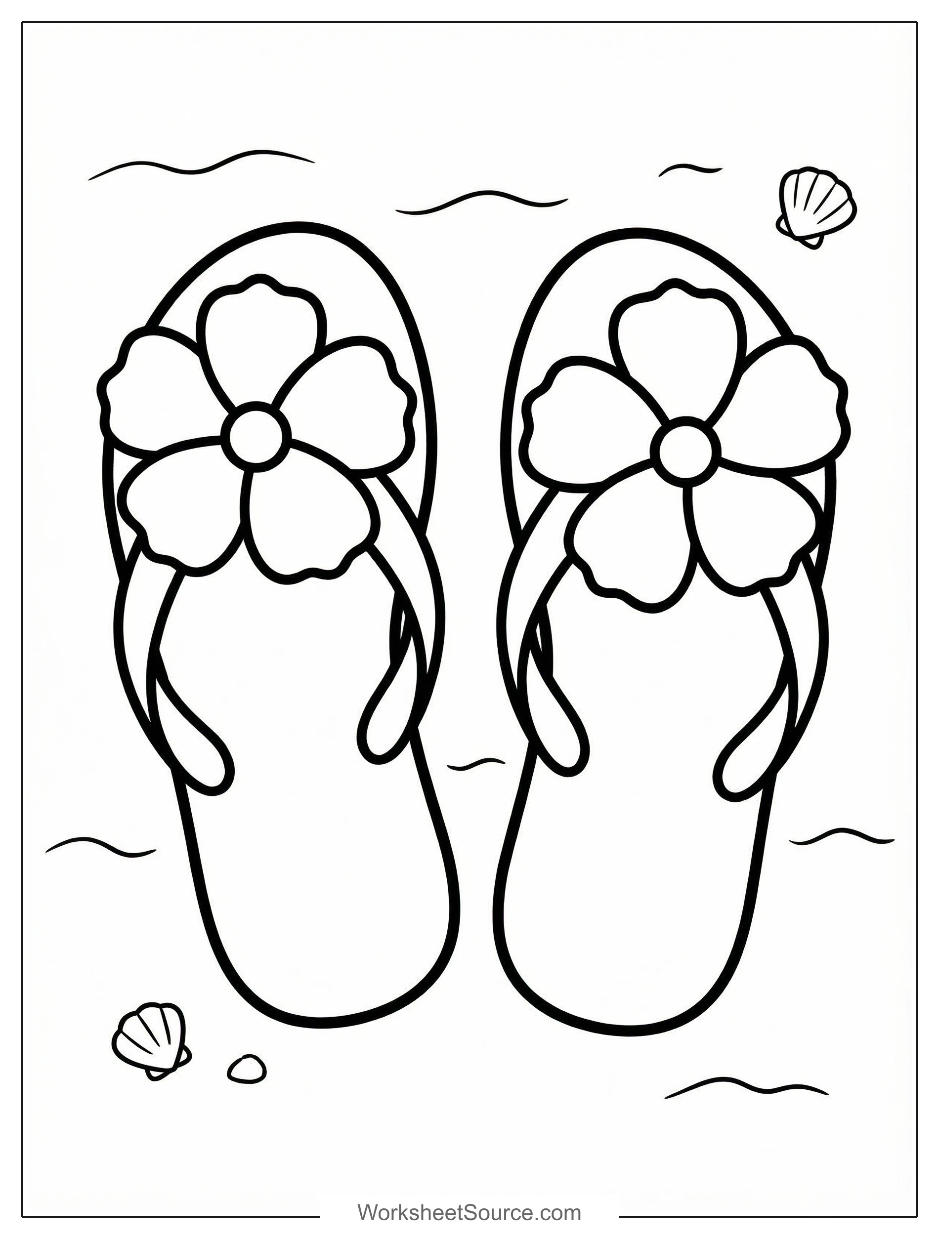 Free printable coloring page showing a pair of flip flops with flowers, perfect for kids to practice coloring and creativity