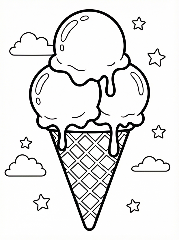 Free printable coloring page showing an ice cream cone with three scoops and stars, perfect for kids to practice coloring and creativity