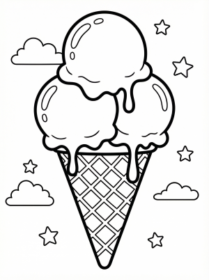 Free printable coloring page showing an ice cream cone with three scoops and stars, perfect for kids to practice coloring and creativity