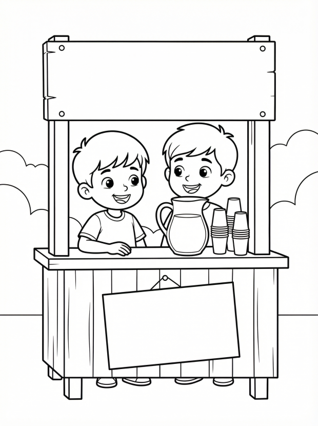Free printable coloring page showing two kids at a lemonade stand, perfect for kids to practice creativity and fine motor skills