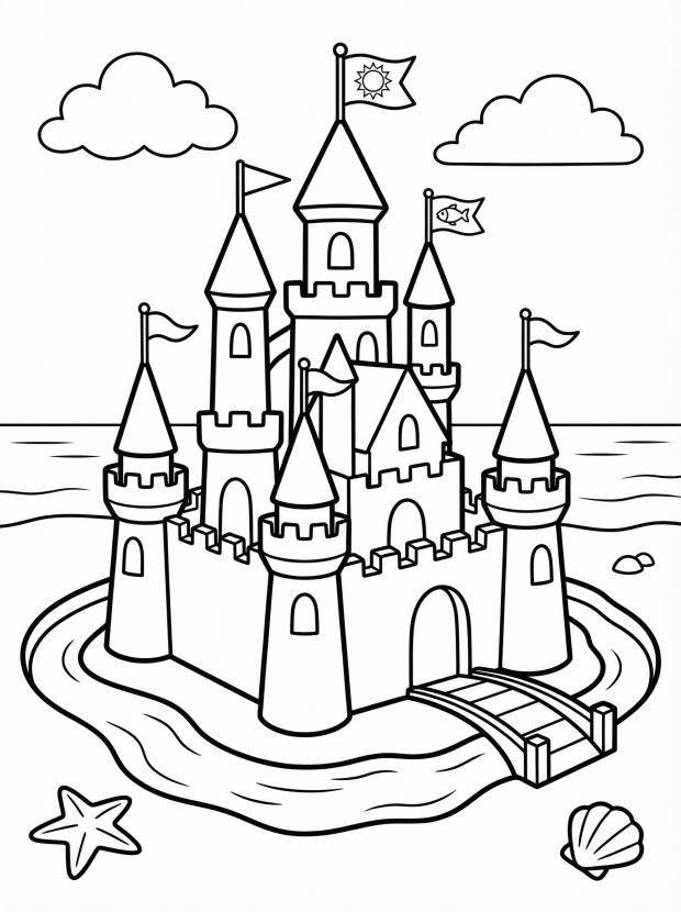 Free printable coloring page showing a detailed sandcastle with flags on a beach, perfect for kids to practice creativity and fine motor skills