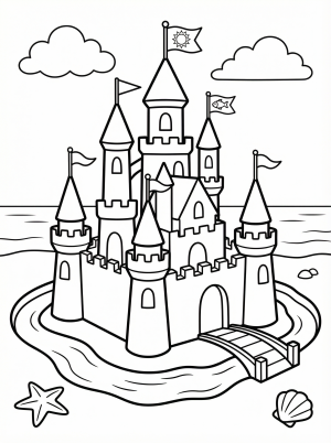 Free printable coloring page showing a detailed sandcastle with flags on a beach, perfect for kids to practice creativity and fine motor skills