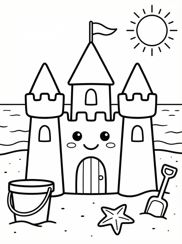Free printable coloring page showing a summer beach scene with a sand castle and bucket, perfect for kids to practice fine motor skills and creativity