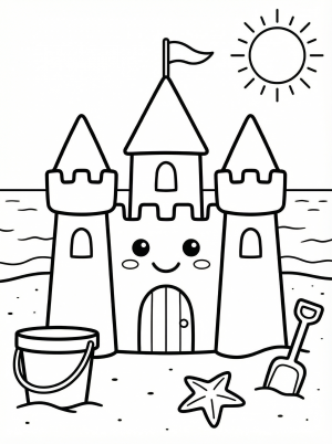 Free printable coloring page showing a summer beach scene with a sand castle and bucket, perfect for kids to practice fine motor skills and creativity