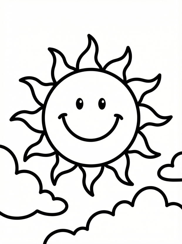 Free printable coloring page showing a smiling sun with clouds, perfect for kids to practice coloring and creativity