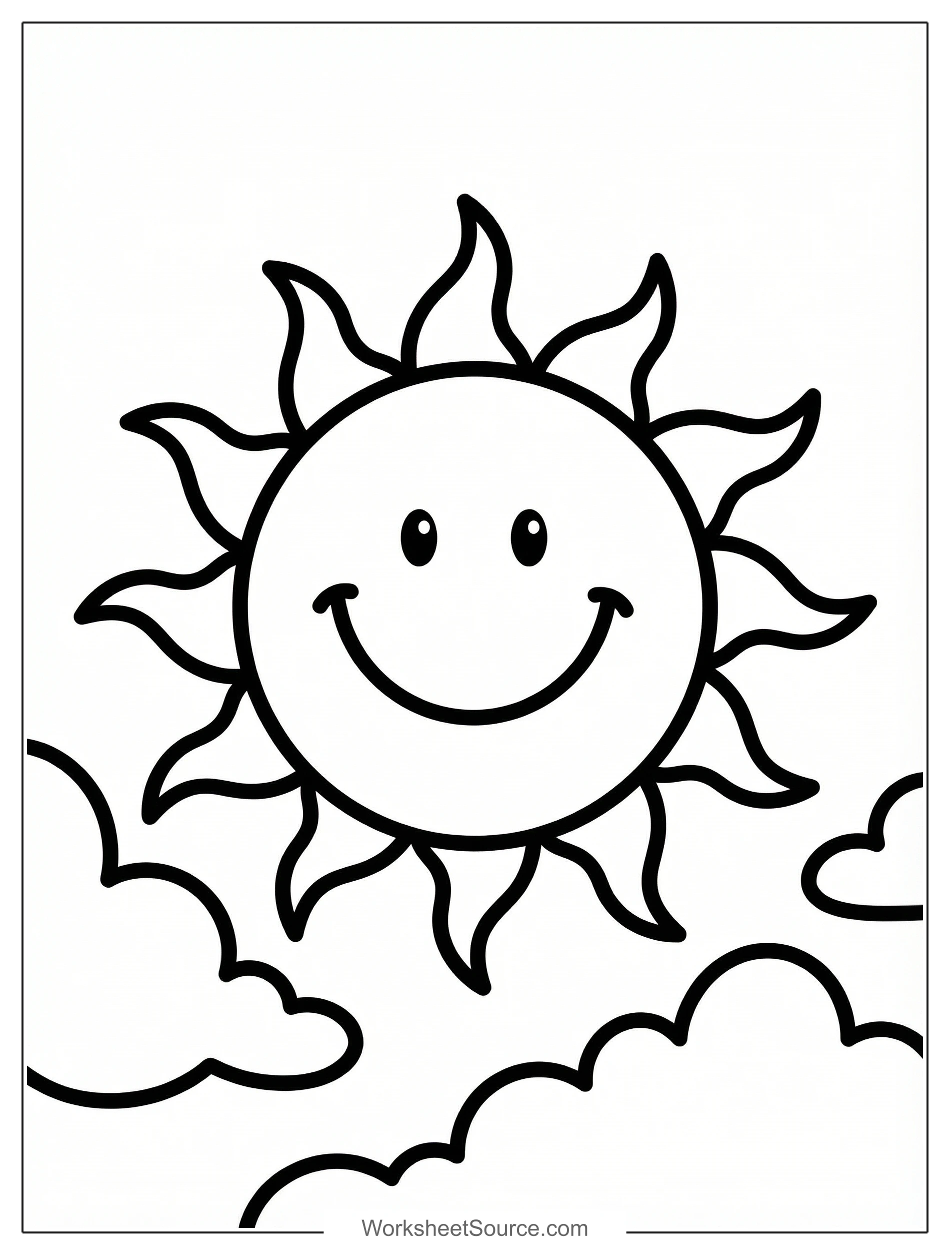 Free printable coloring page showing a smiling sun with clouds, perfect for kids to practice coloring and creativity