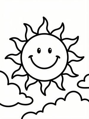 Free printable coloring page showing a smiling sun with clouds, perfect for kids to practice coloring and creativity