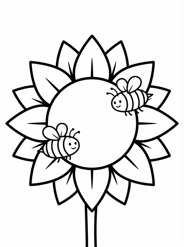 Free printable coloring page showing a sunflower with bees, perfect for kids to practice coloring and learn about flowers