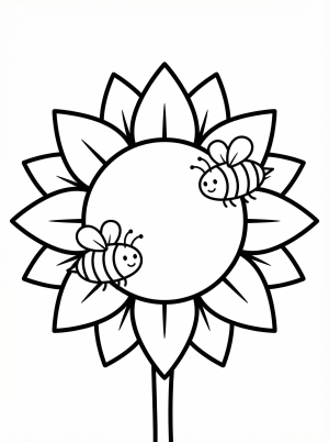 Free printable coloring page showing a sunflower with bees, perfect for kids to practice coloring and learn about flowers