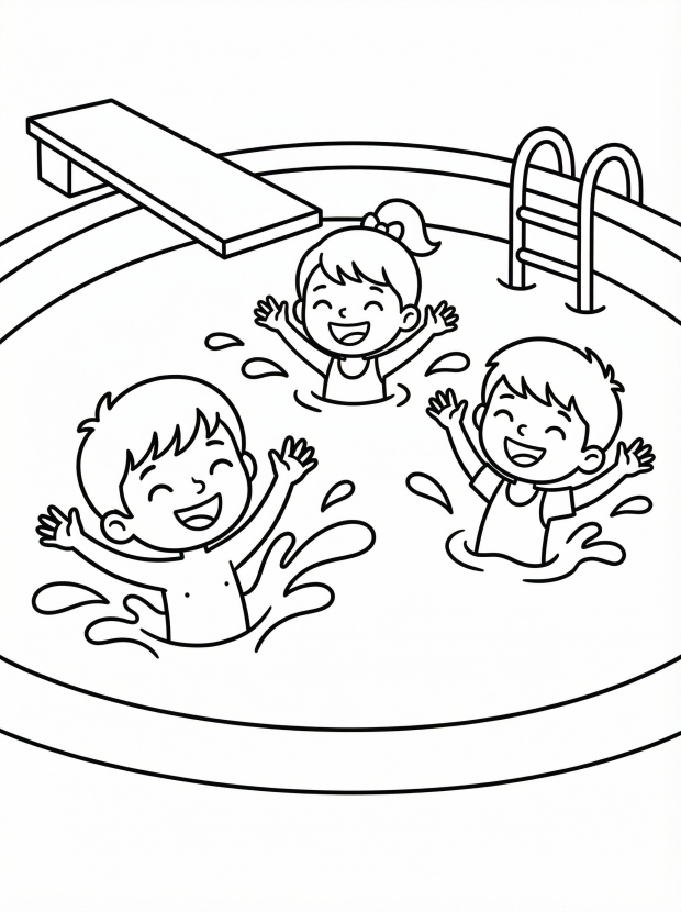 Free printable coloring page showing kids splashing in a swimming pool, perfect for kids to practice coloring and learn about water play