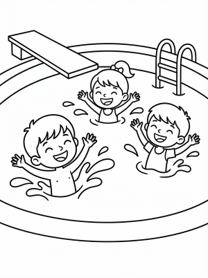 Free printable coloring page showing kids splashing in a swimming pool, perfect for kids to practice coloring and learn about water play