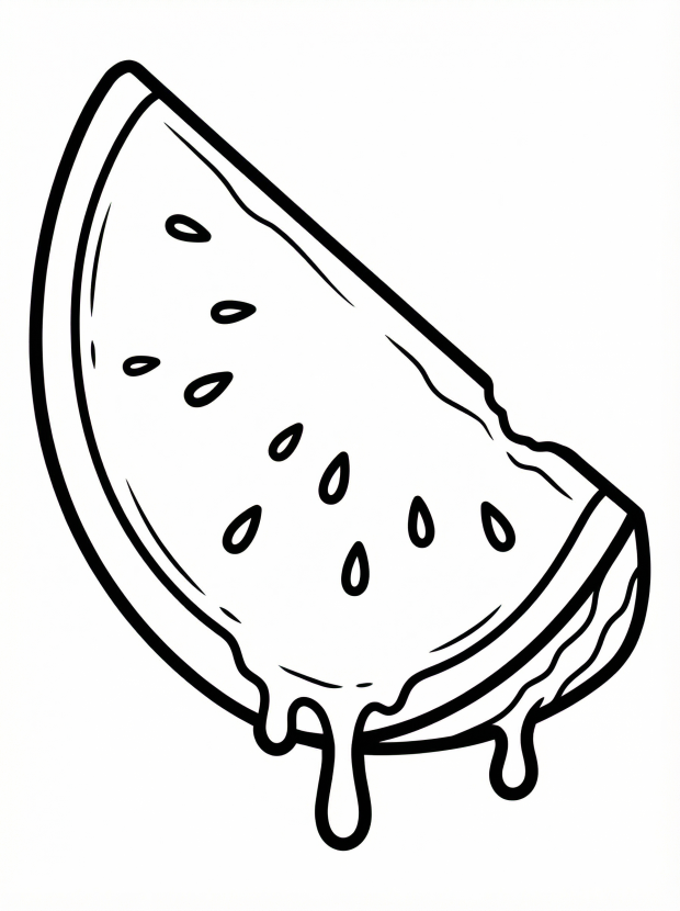 Free printable coloring page showing a watermelon slice with seeds and drips, perfect for kids to practice coloring and hand control