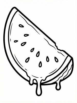 Free printable coloring page showing a watermelon slice with seeds and drips, perfect for kids to practice coloring and hand control