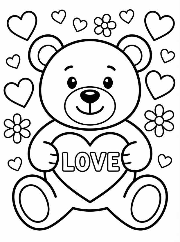 Free printable coloring page showing a teddy bear holding a heart with surrounding hearts and flowers, perfect for kids to practice coloring and creativity