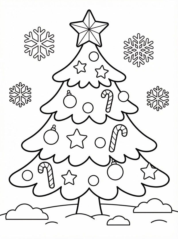Free printable coloring page showing a decorated Christmas tree with ornaments and snowflakes, perfect for kids to practice creativity and fine motor skills