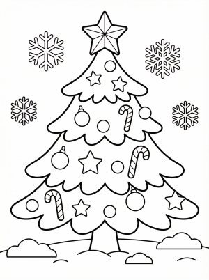 Free printable coloring page showing a decorated Christmas tree with ornaments and snowflakes, perfect for kids to practice creativity and fine motor skills
