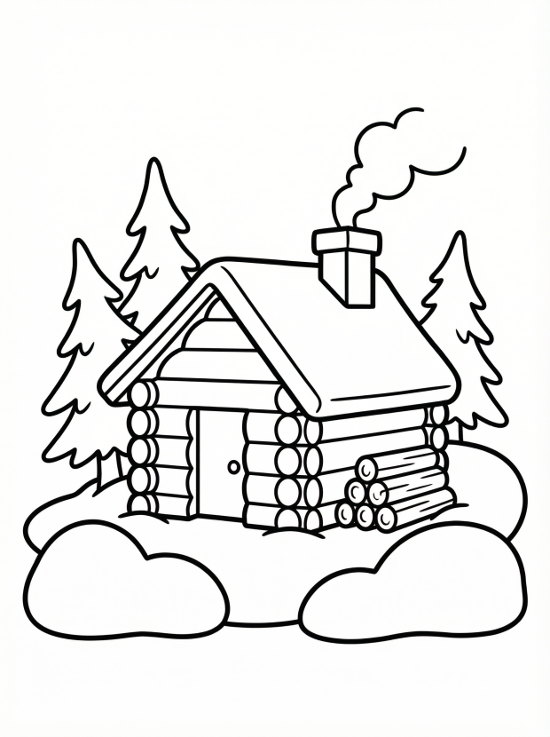 Free printable coloring page showing a snowy log cabin with pine trees, perfect for kids to practice coloring and spark creativity
