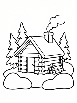 Free printable coloring page showing a snowy log cabin with pine trees, perfect for kids to practice coloring and spark creativity
