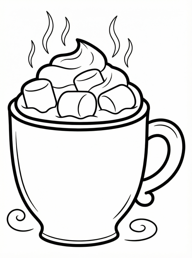 Free printable coloring page showing a mug of hot cocoa with marshmallows and whipped cream, perfect for kids to practice coloring and creativity