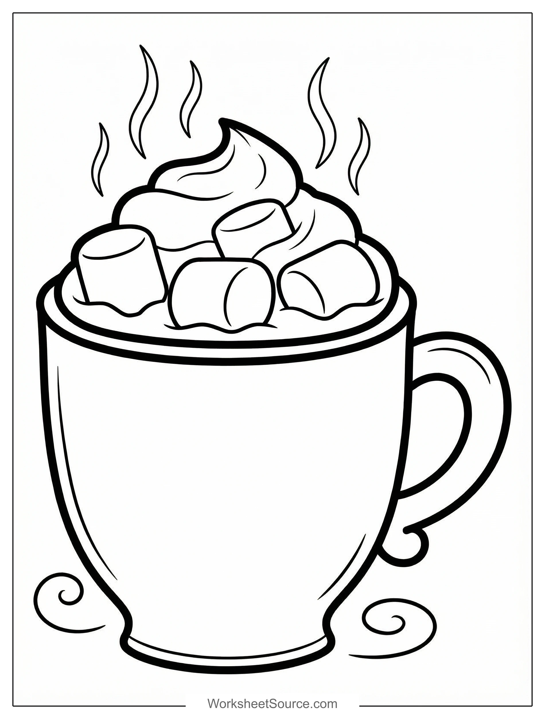 Free printable coloring page showing a mug of hot cocoa with marshmallows and whipped cream, perfect for kids to practice coloring and creativity