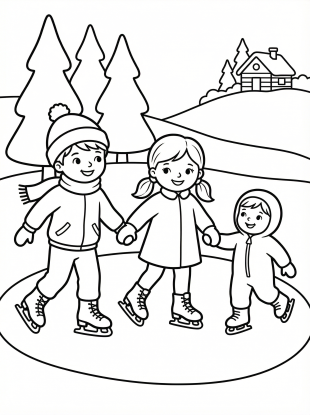 Free printable coloring page showing three children ice skating together, perfect for kids to practice fine motor skills and creativity