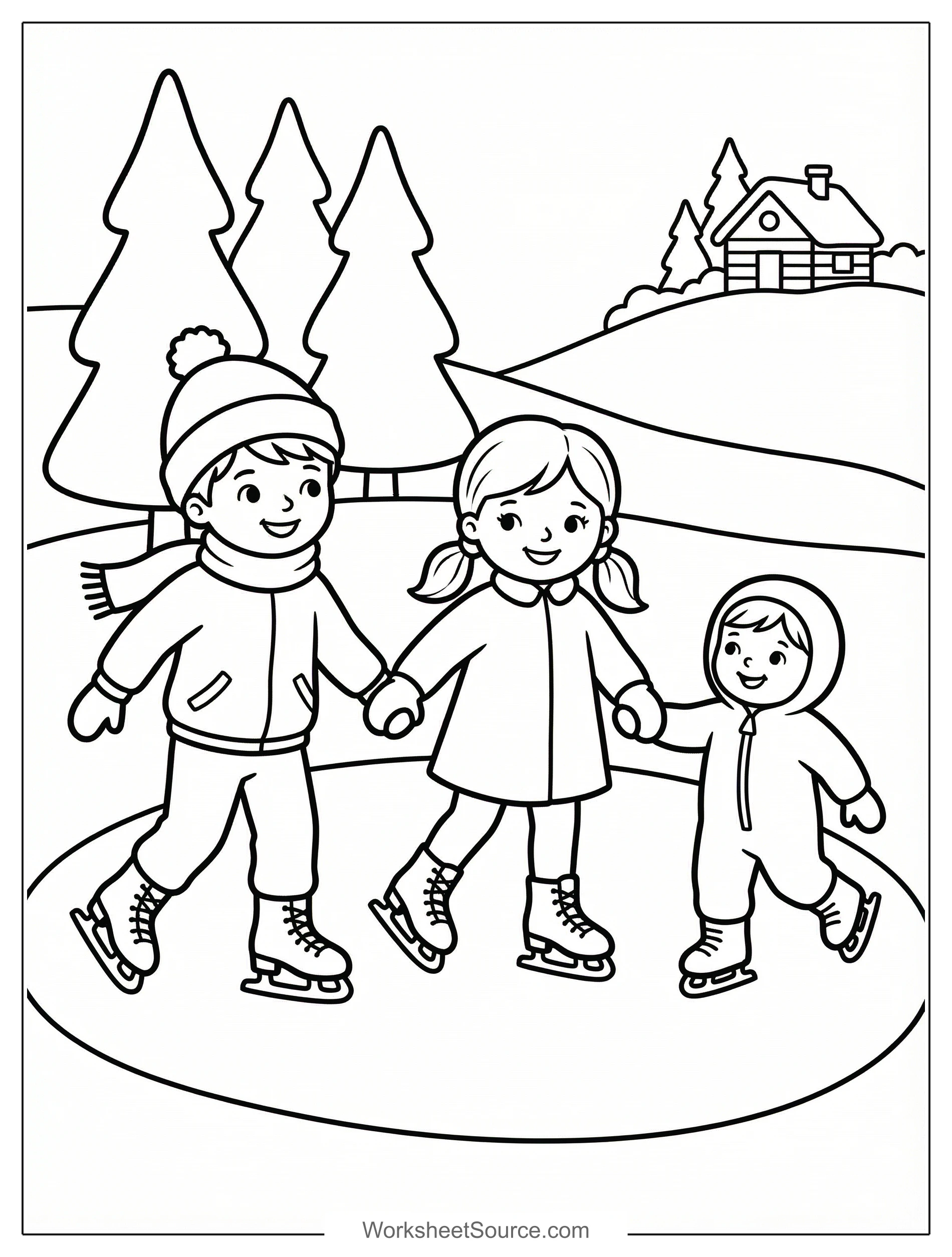 Free printable coloring page showing three children ice skating together, perfect for kids to practice fine motor skills and creativity