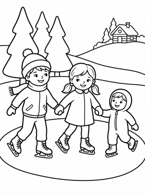 Free printable coloring page showing three children ice skating together, perfect for kids to practice fine motor skills and creativity