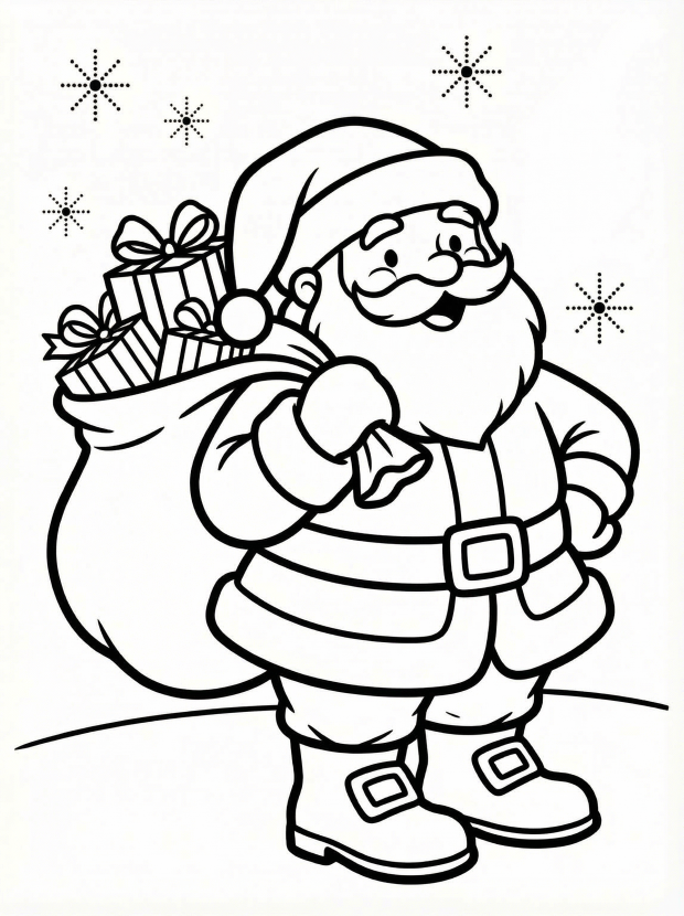Free printable coloring page showing Santa Claus carrying a bag of gifts, perfect for kids to practice coloring and explore festive scenes