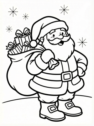 Free printable coloring page showing Santa Claus carrying a bag of gifts, perfect for kids to practice coloring and explore festive scenes