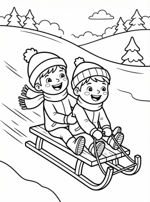 Free printable coloring page showing two children sledding down a hill, perfect for kids to practice fine motor skills and have fun