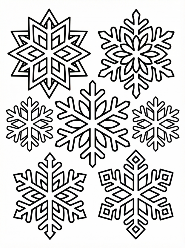 Free printable coloring page showing multiple snowflake patterns, perfect for kids to practice fine motor skills and explore color choices