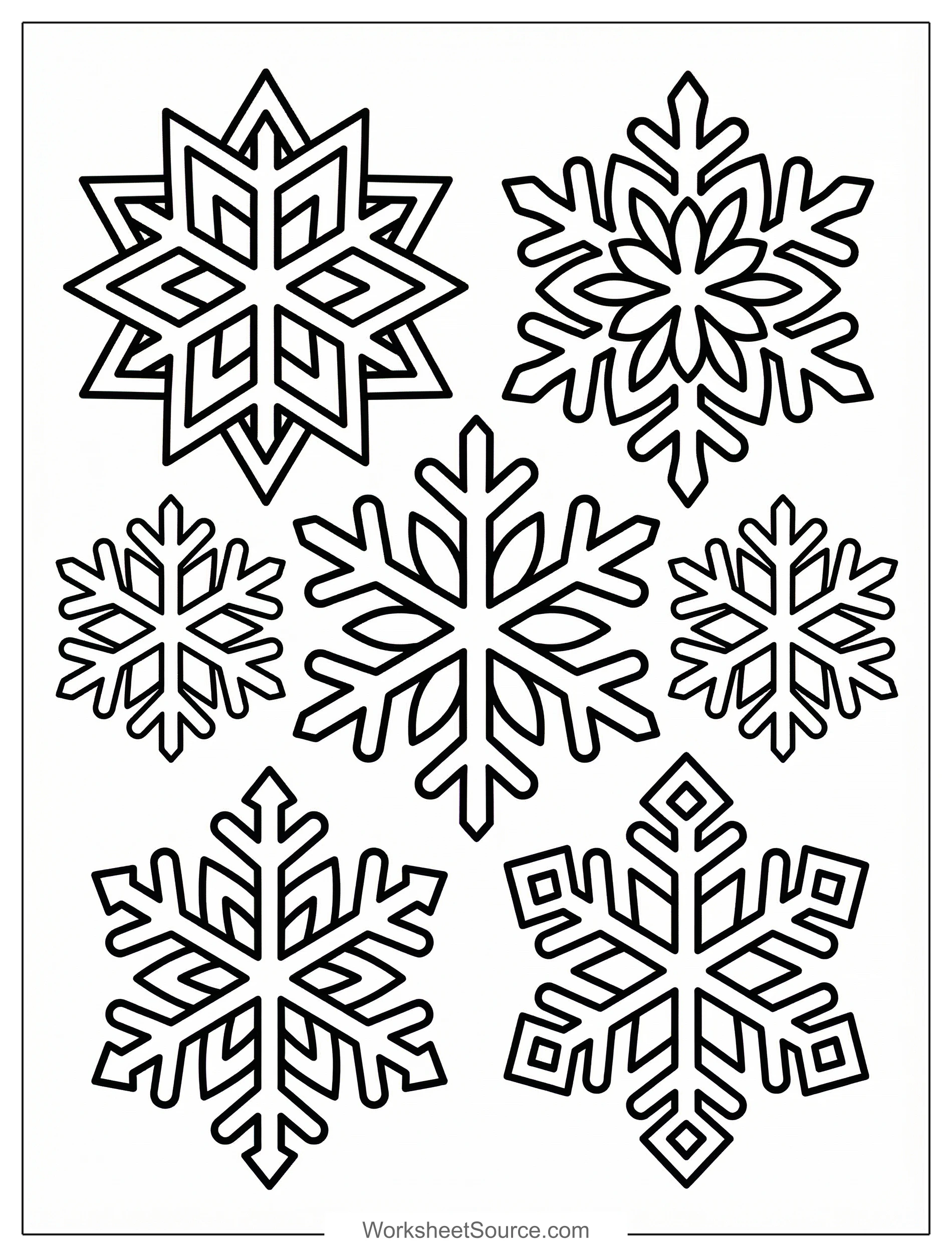 Free printable coloring page showing multiple snowflake patterns, perfect for kids to practice fine motor skills and explore color choices