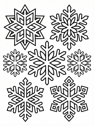 Free printable coloring page showing multiple snowflake patterns, perfect for kids to practice fine motor skills and explore color choices