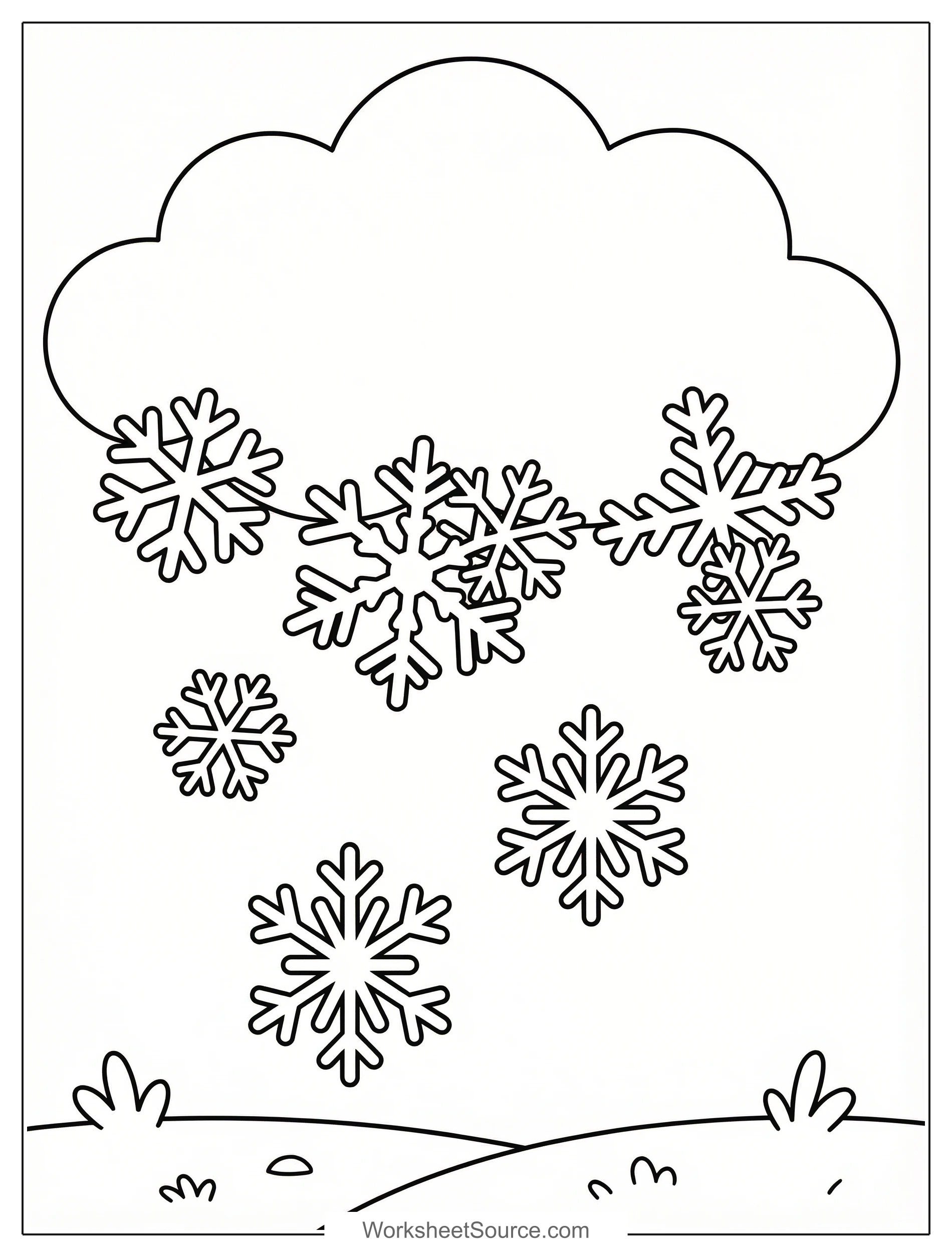 Free printable coloring page showing falling snowflakes from a cloud, perfect for kids to practice fine motor skills and creativity