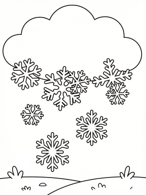 Free printable coloring page showing falling snowflakes from a cloud, perfect for kids to practice fine motor skills and creativity